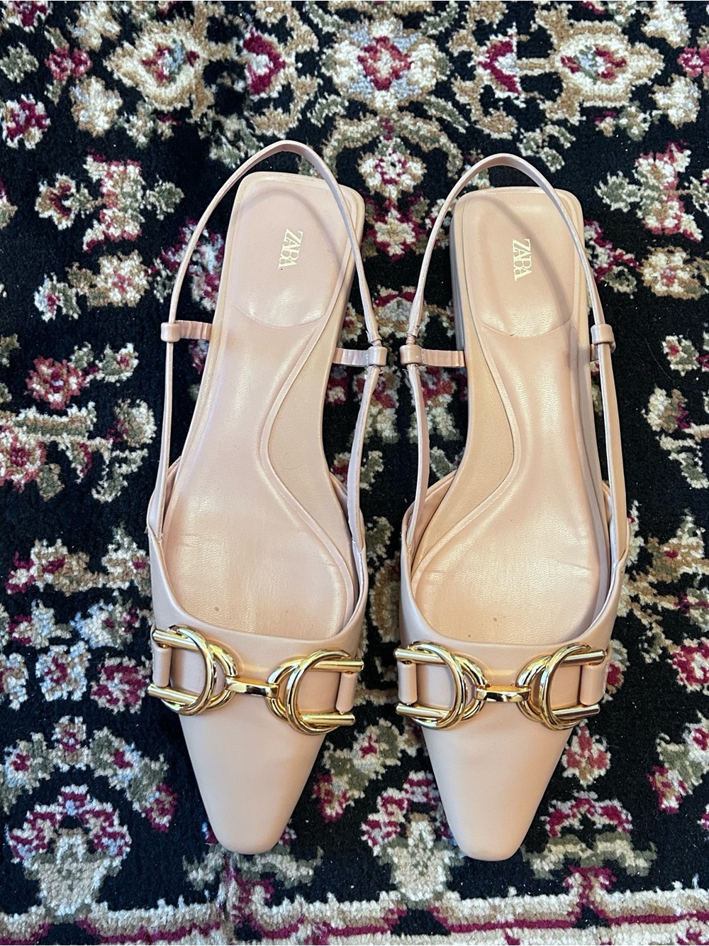ZARA Women’s Nude Slingback Flats with Gold Buckle - 39
